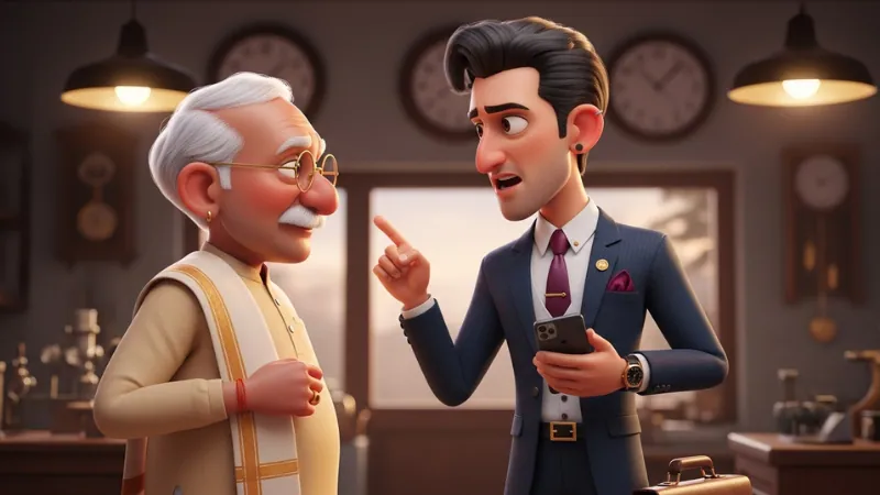 गुस्से में अमीर आदमी दो दिन में घड़ी मांगते हुए - हिंदी नैतिक कहानी का दृश्य