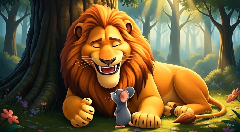 Lion laughing loudly in the mouse story