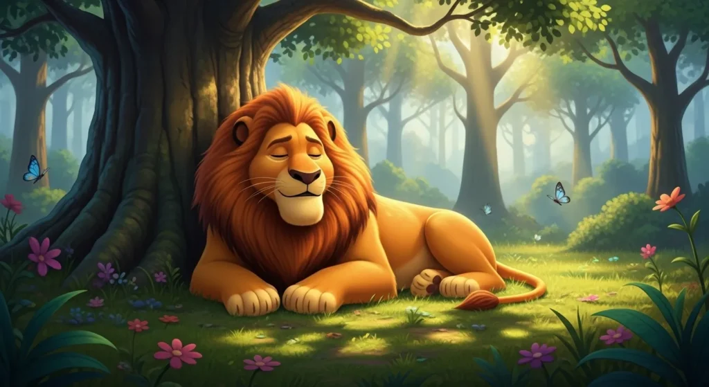 Lion sleeping under the tree in the moral story