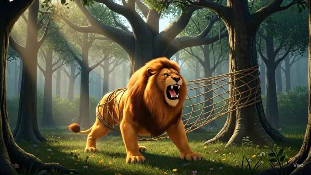 Lion trapped in hunter’s net