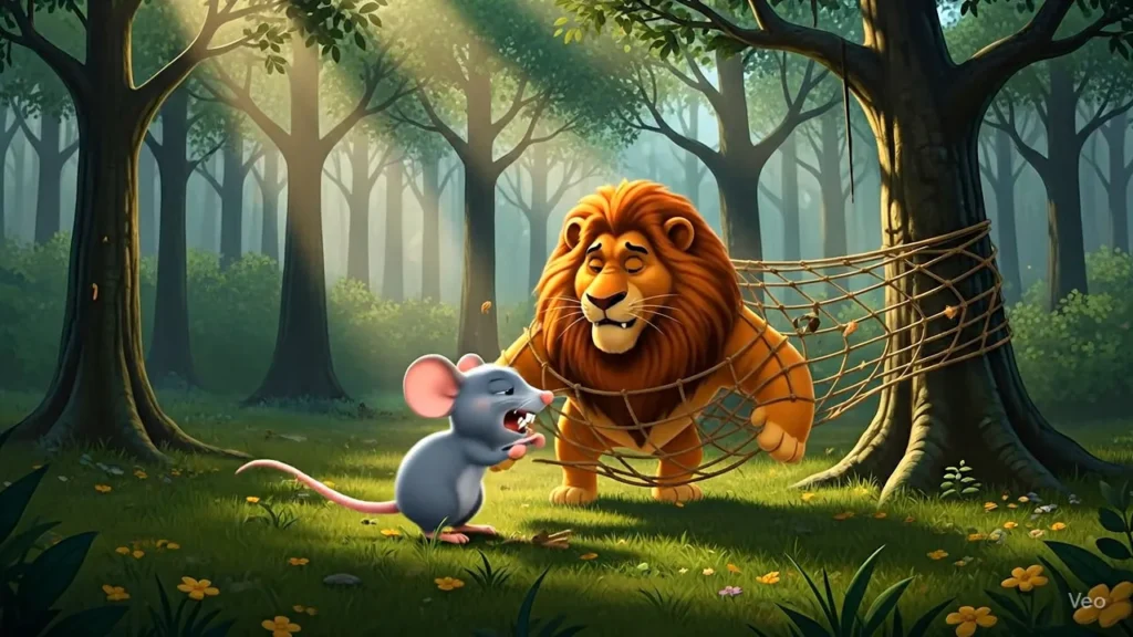 Mouse cutting the rope to free the lion