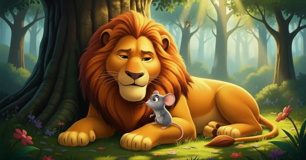 Mouse playing on the lion’s paw