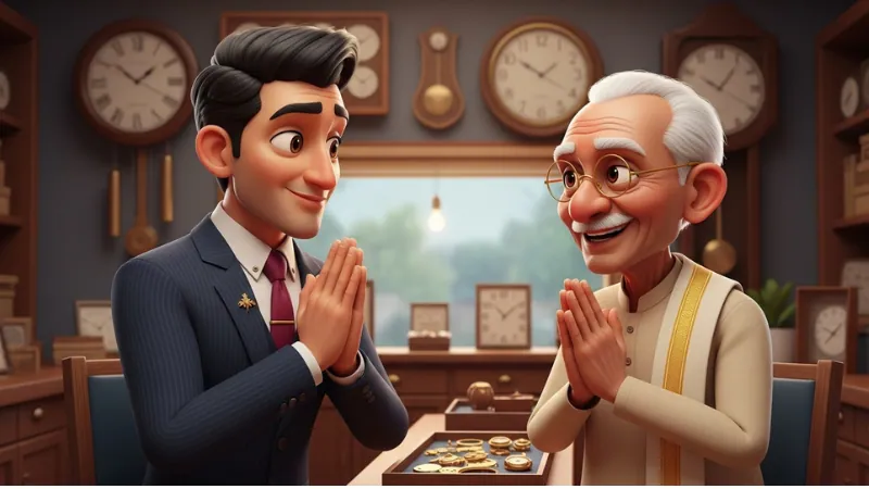 मिस्टर शर्मा बूढ़े घड़ीसाज़ को धन्यवाद देते हुए – नैतिक कहानी का अंतिम दृश्य