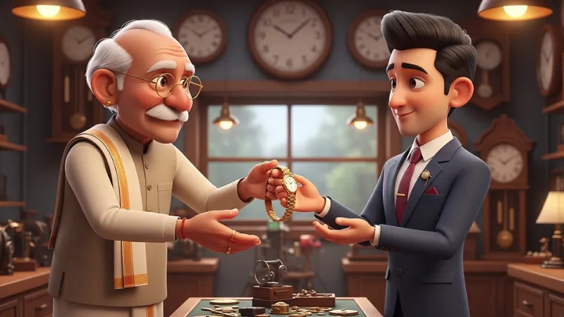 बूढ़ा घड़ीसाज़ एक हफ्ते बाद सही घड़ी लौटाते हुए – हिंदी नैतिक कहानी का दृश्य