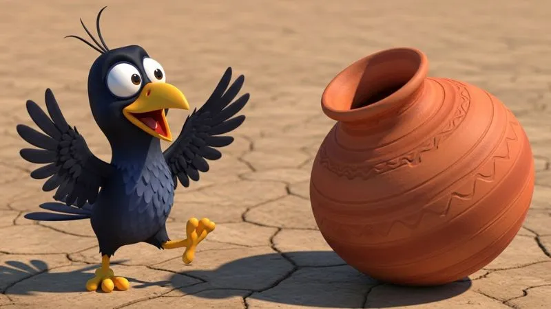 3D कार्टून कौआ सूखी ज़मीन पर घड़ा देखकर खुश